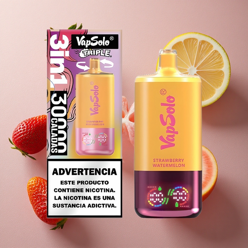 Jordgubb Vattenmelon & Citron Persika VapSolo Triple 30000 Puffs 40ml E-Vätska 3 Tankar Sverige grossist
