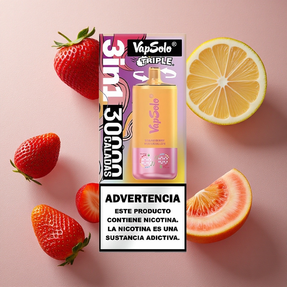 Jordgubb Vattenmelon & Citron Persika VapSolo Triple 30000 Puffs 40ml E-Vätska 3 Tankar Sverige grossist